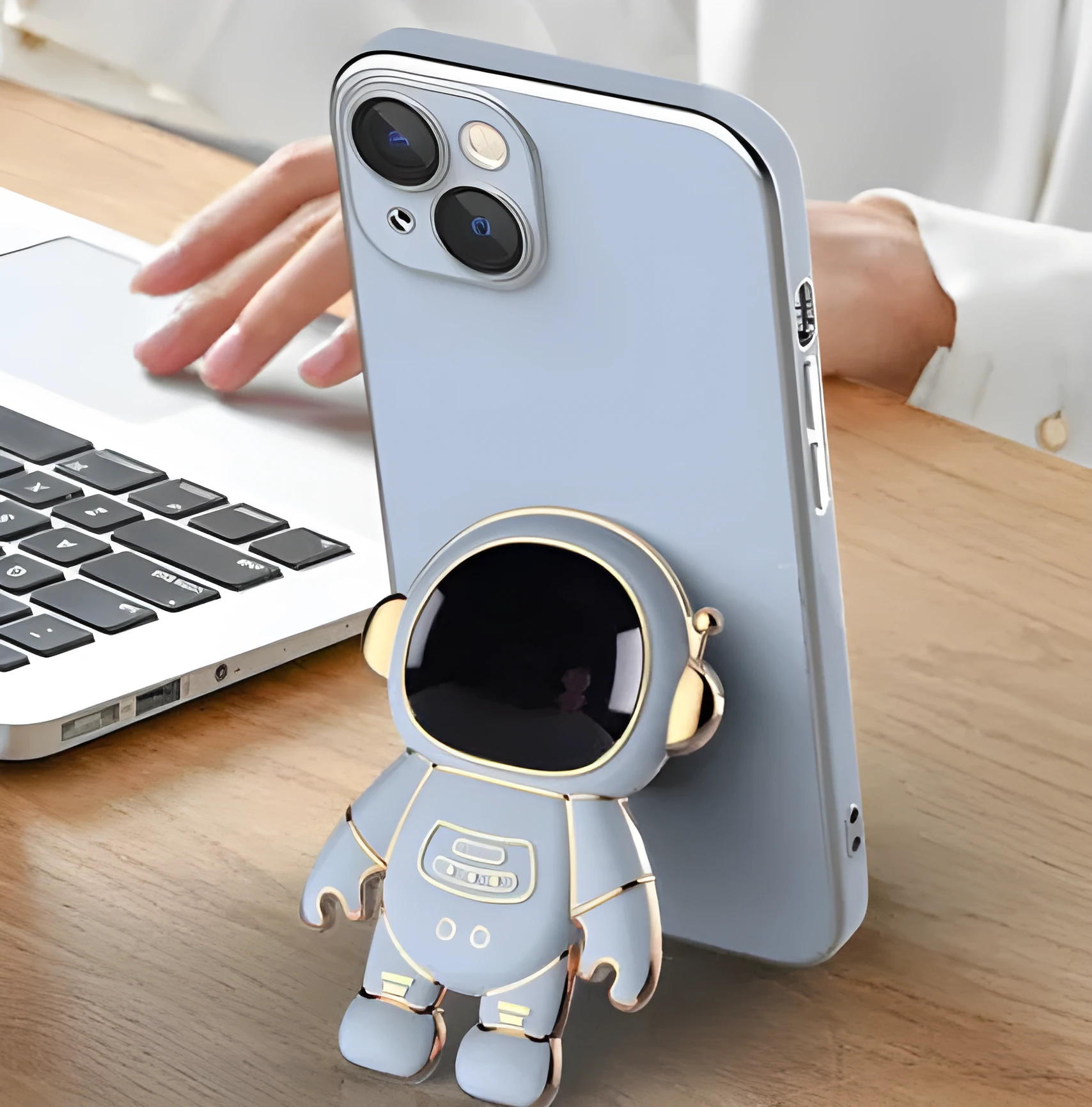 3D astronaut TPU phone case with electroplating and built-in kickstand, available for iPhone models