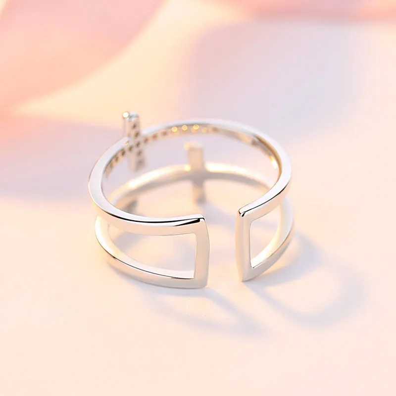 Women's adjustable geometric copper ring with zircon stone inlay and electroplated finish