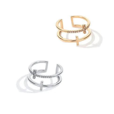 Women's adjustable geometric copper ring with zircon stone inlay and electroplated finish