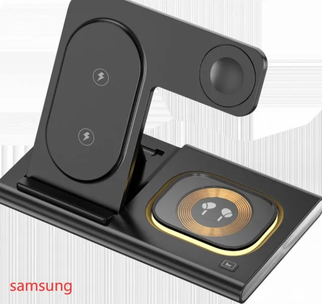 Folding four-in-one wireless charger in black with USB cable, 165mm width, plastic casing