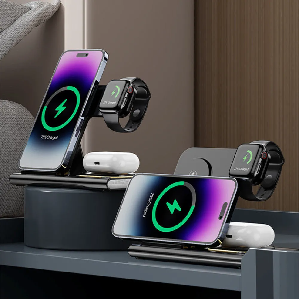 Folding four-in-one wireless charger in black with USB cable, 165mm width, plastic casing