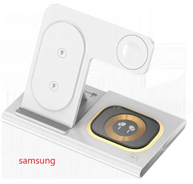 Folding four-in-one wireless charger in black with USB cable, 165mm width, plastic casing