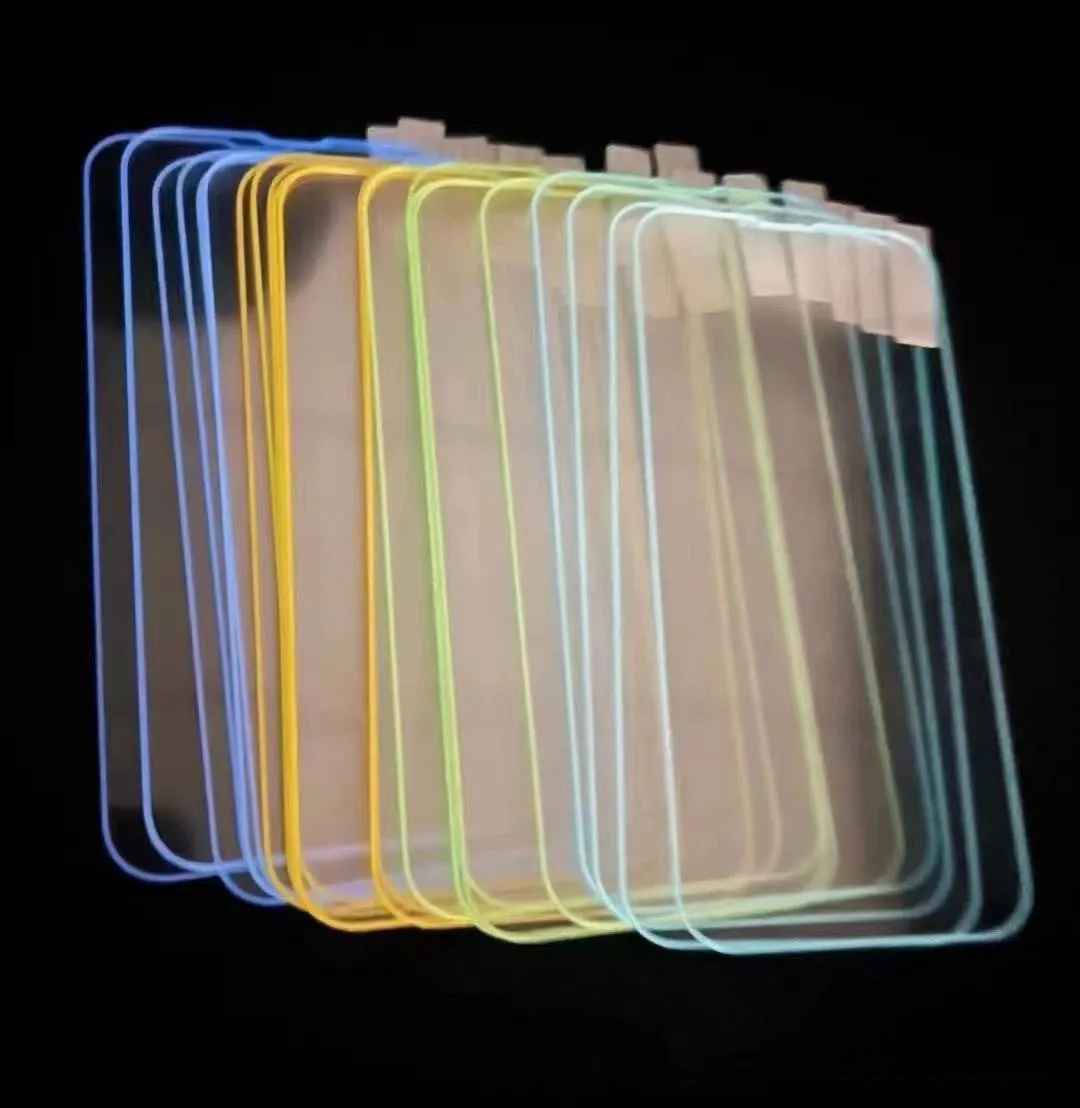 Fluorescent tempered glass screen protector for iPhone in blue luminous colour showing full front coverage.