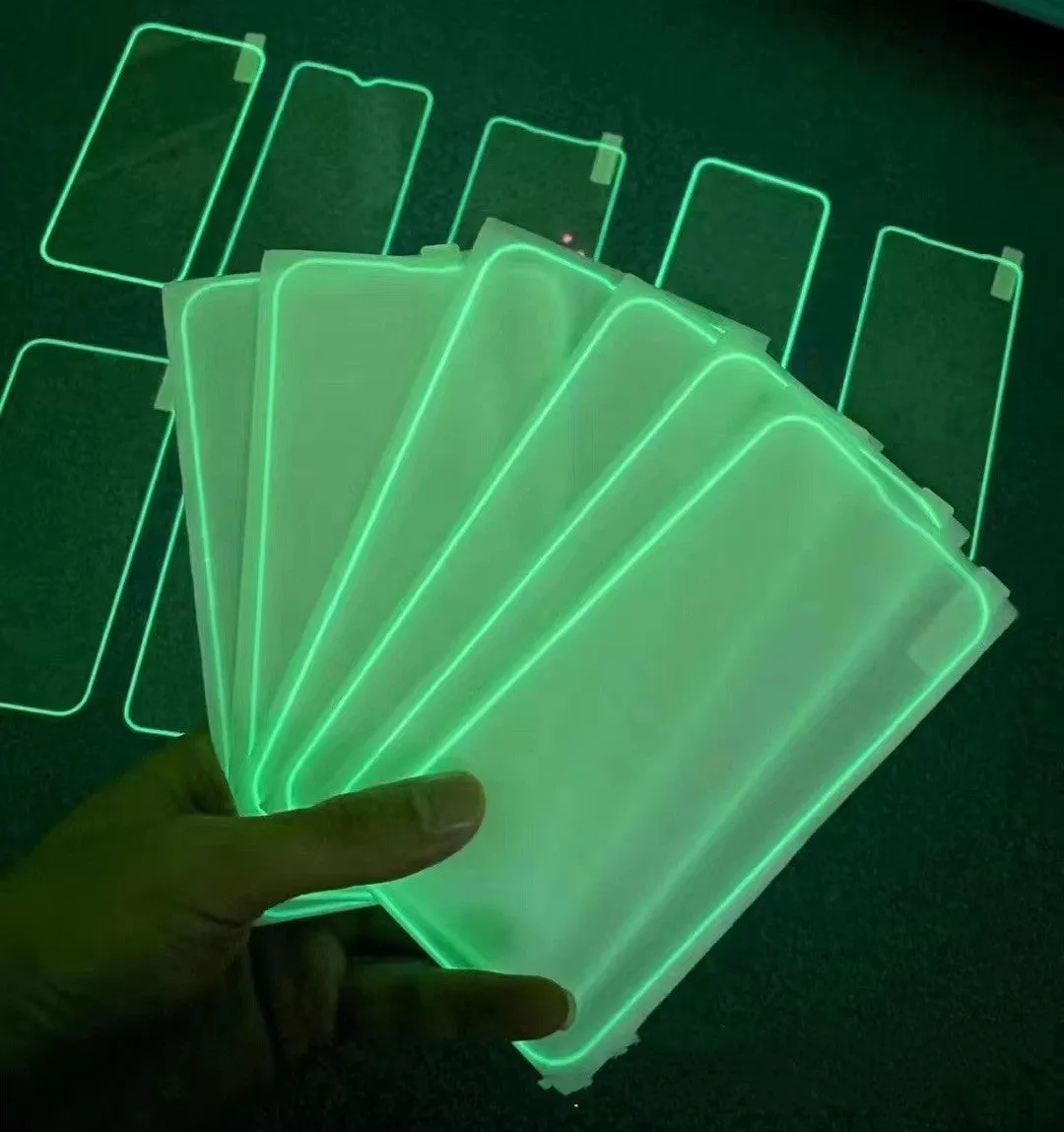 Fluorescent tempered glass screen protector for iPhone in blue luminous colour showing full front coverage.