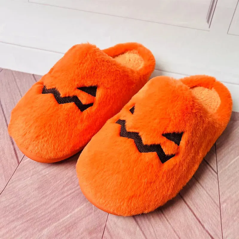Orange pumpkin design plush house slippers with coral velvet upper and non-slip PVC sole