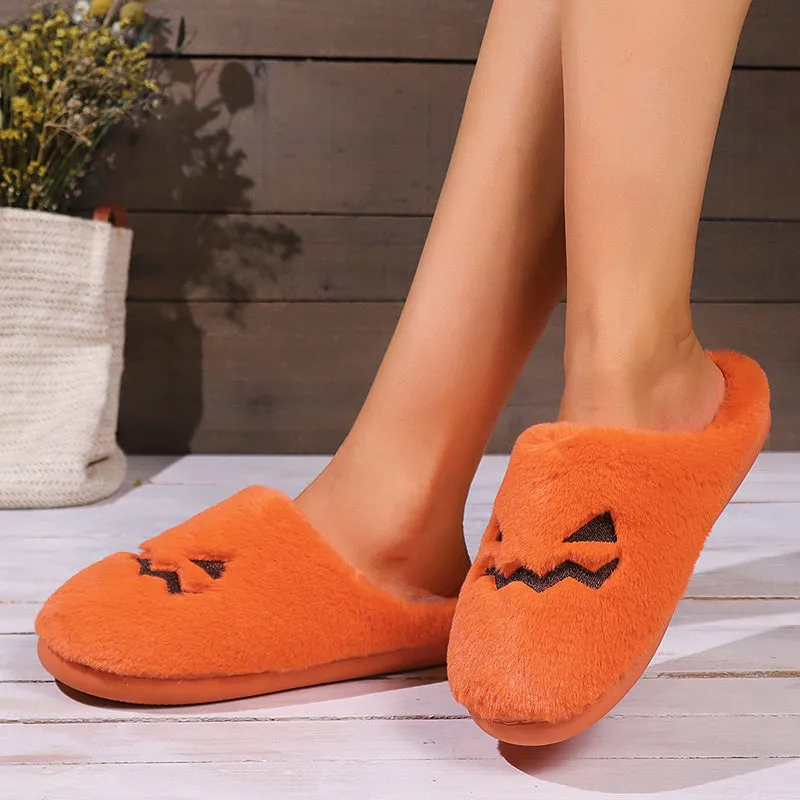 Orange pumpkin design plush house slippers with coral velvet upper and non-slip PVC sole