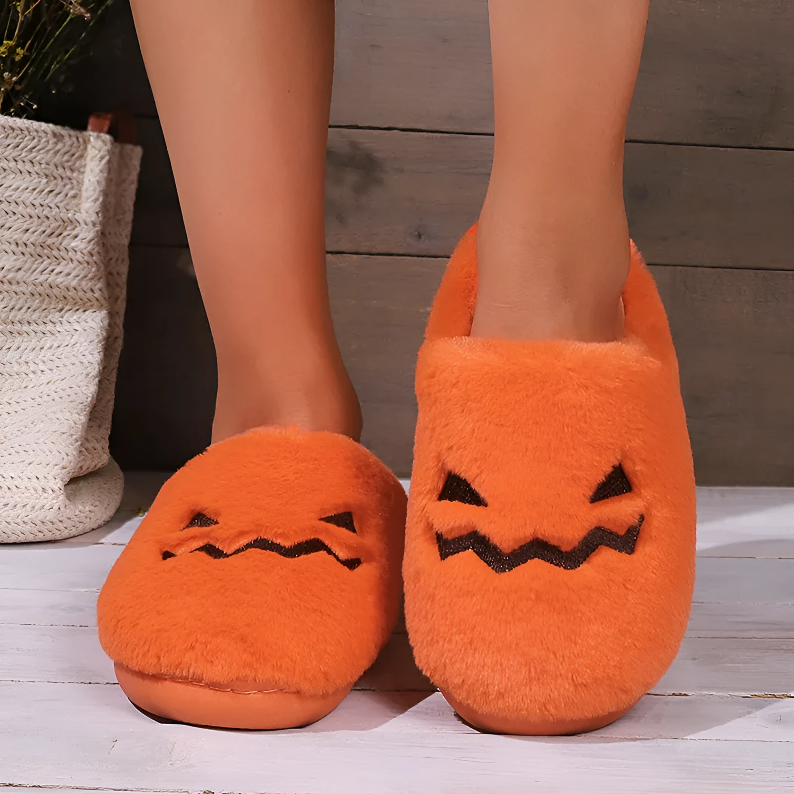 Orange pumpkin design plush house slippers with coral velvet upper and non-slip PVC sole