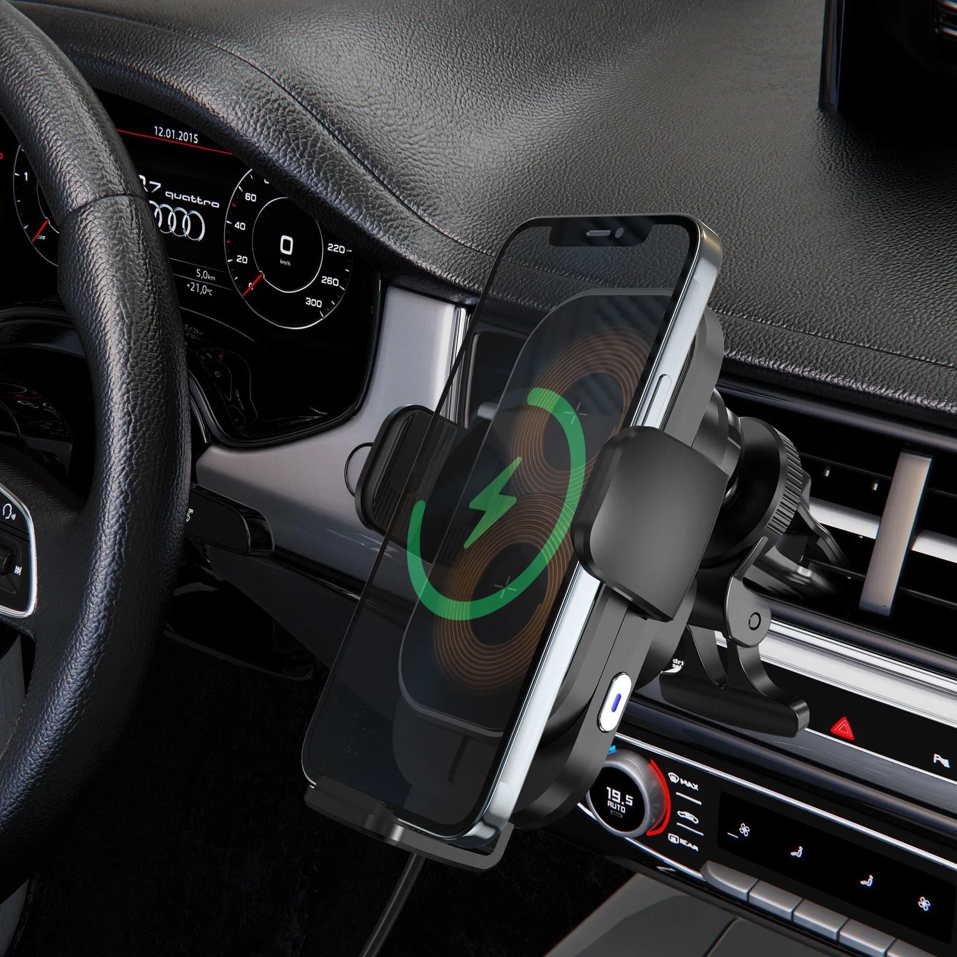 Black folding car wireless charger on dashboard with suction cup bracket