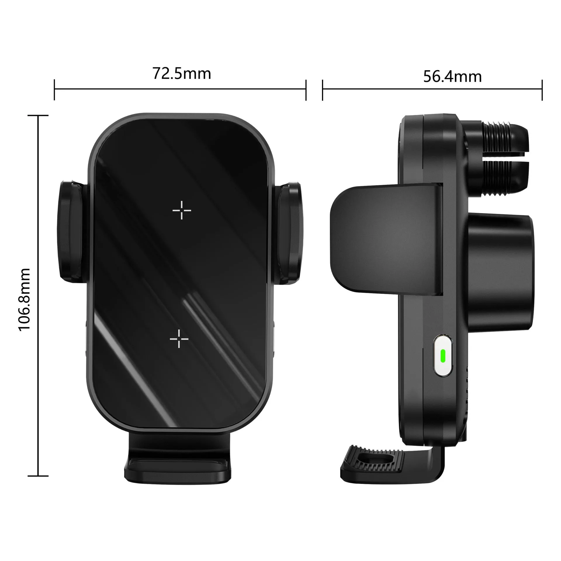 Black folding car wireless charger on dashboard with suction cup bracket