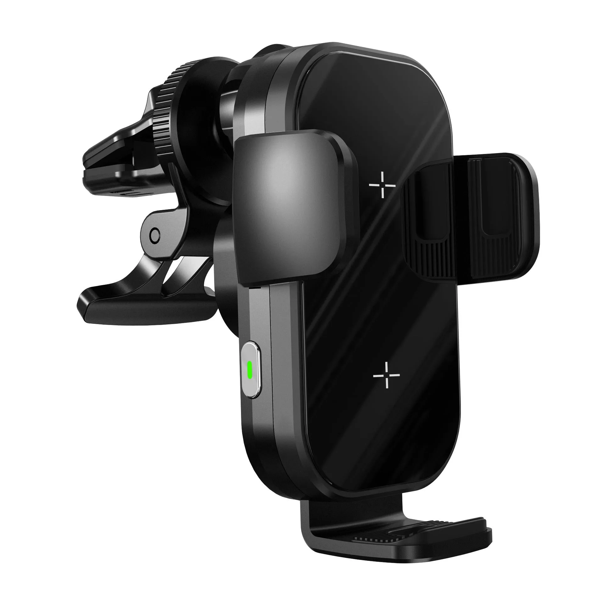 Black folding car wireless charger on dashboard with suction cup bracket