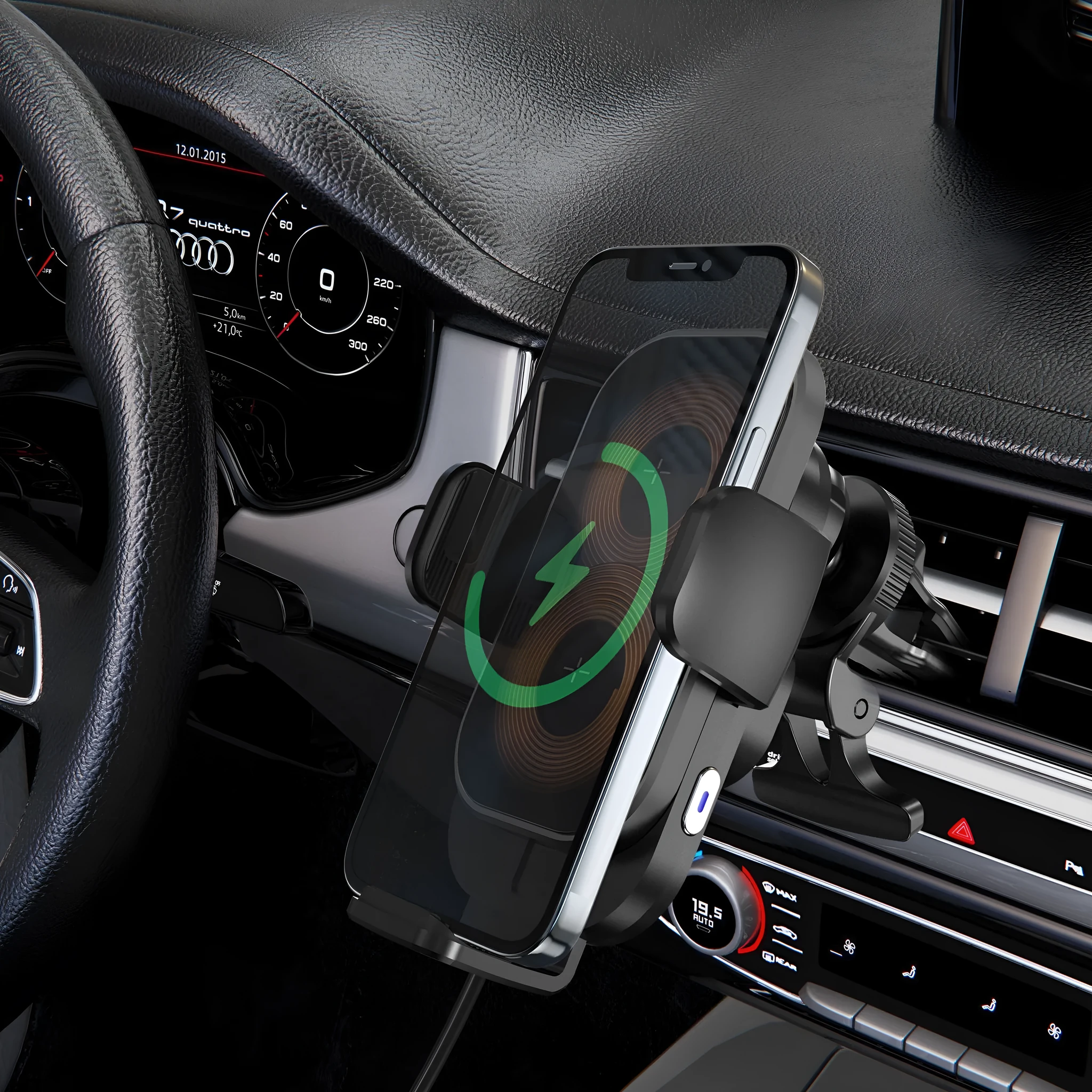 Black folding car wireless charger on dashboard with suction cup bracket
