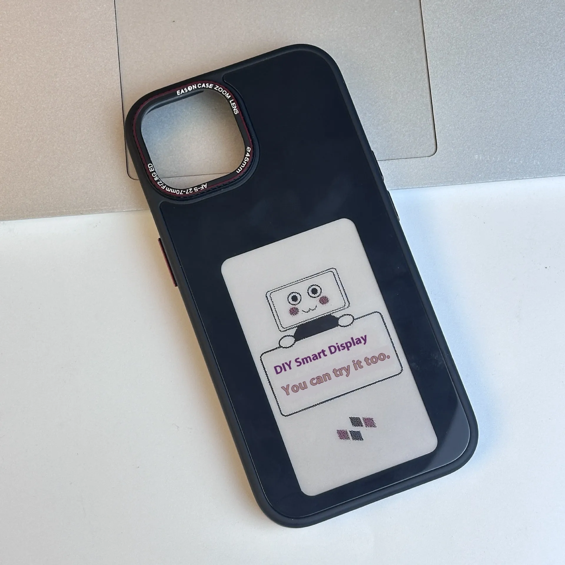 Black DIY display screen phone case with mirror finish for iPhone 13 to 15 series