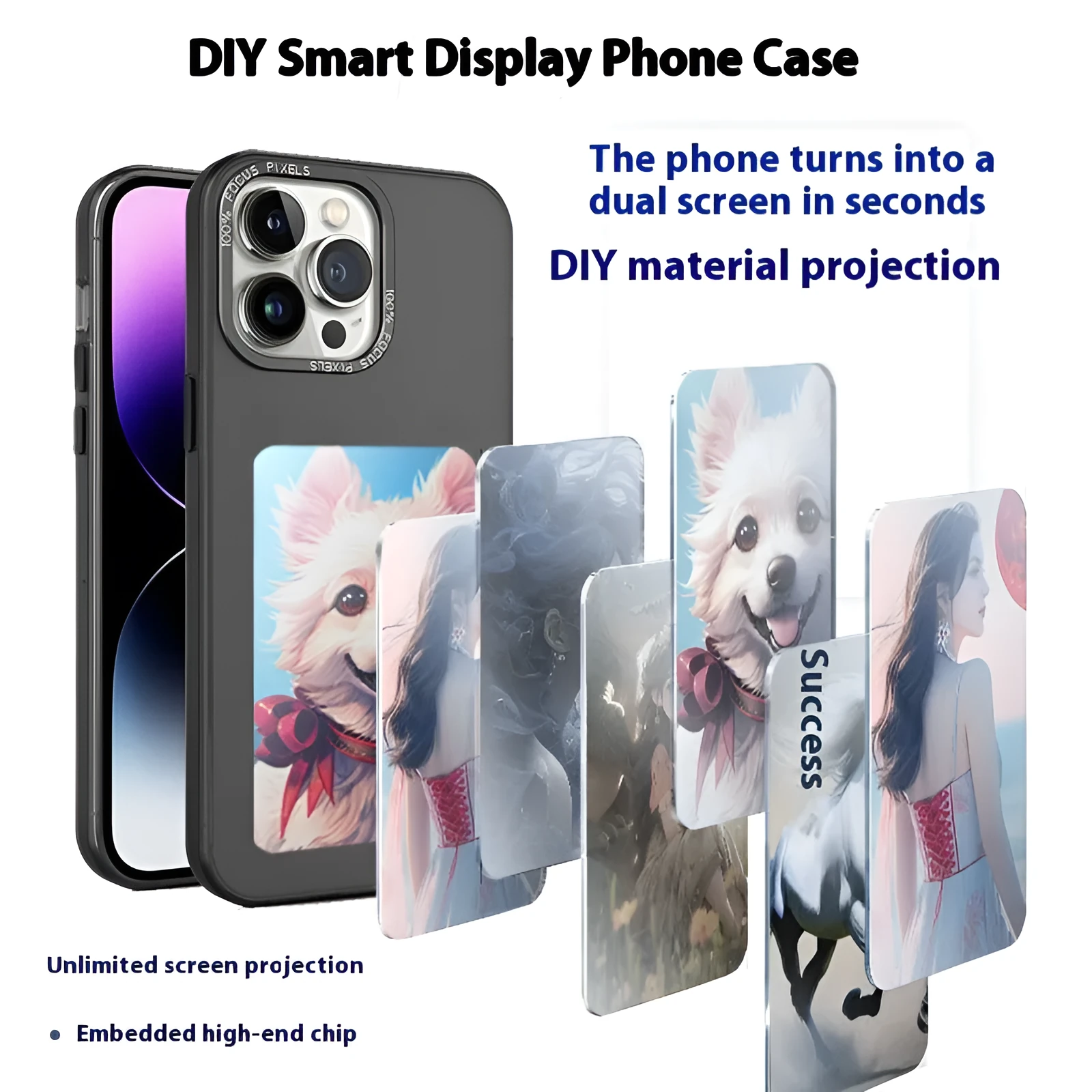 Black DIY display screen phone case with mirror finish for iPhone 13 to 15 series