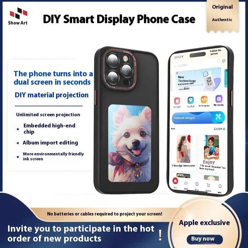 Black DIY display screen phone case with mirror finish for iPhone 13 to 15 series