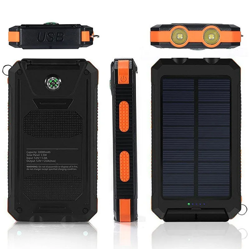 Strong waterproof solar power bank 20000mAh with compass in black shell, polymer lithium battery, outdoor charger
