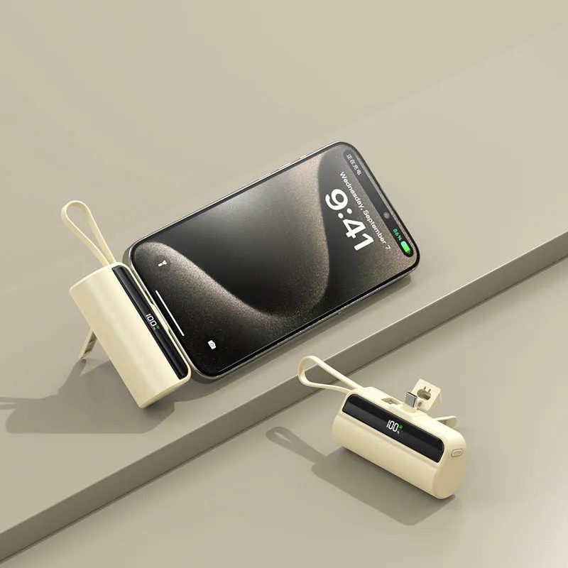 Fast charge capsule power bank in beige, plastic shell, 79x33.5x27mm, portable size