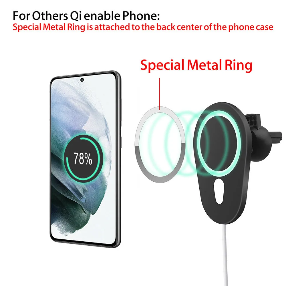 Magnetic suction wireless car charger 15W in black with indicator light for mobile phones