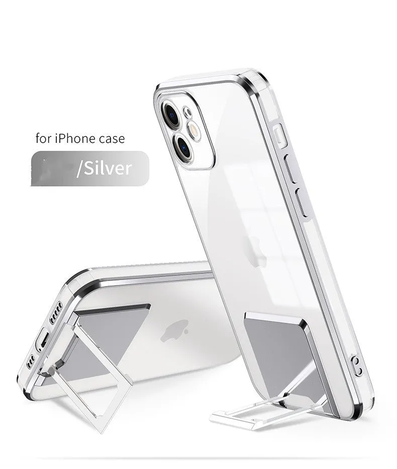 Transparent TPU phone case with gold electroplated bracket, displayed on a grey surface, for iPhone 12 Pro Max
