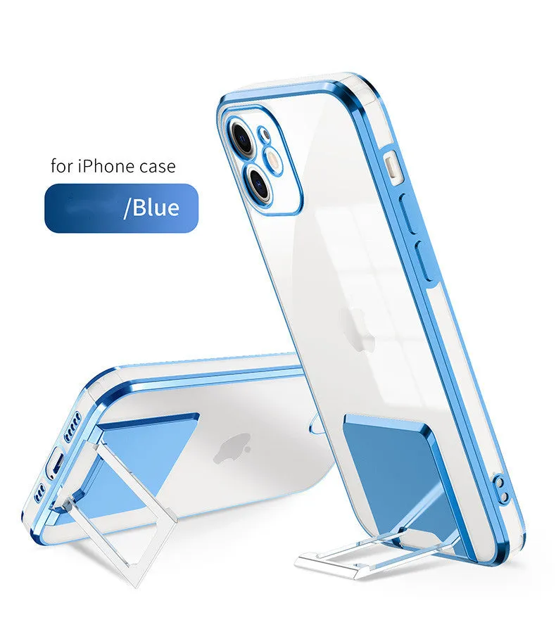 Transparent TPU phone case with gold electroplated bracket, displayed on a grey surface, for iPhone 12 Pro Max