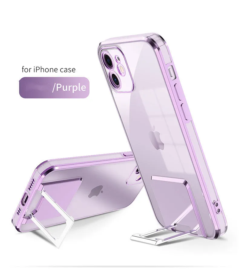 Transparent TPU phone case with gold electroplated bracket, displayed on a grey surface, for iPhone 12 Pro Max