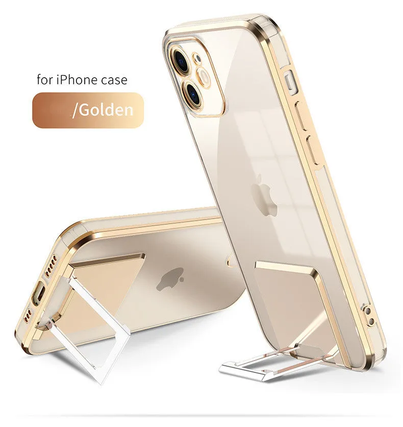 Transparent TPU phone case with gold electroplated bracket, displayed on a grey surface, for iPhone 12 Pro Max