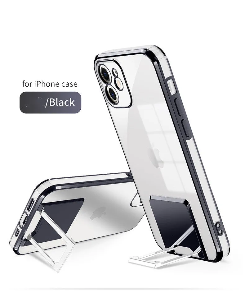 Transparent TPU phone case with gold electroplated bracket, displayed on a grey surface, for iPhone 12 Pro Max