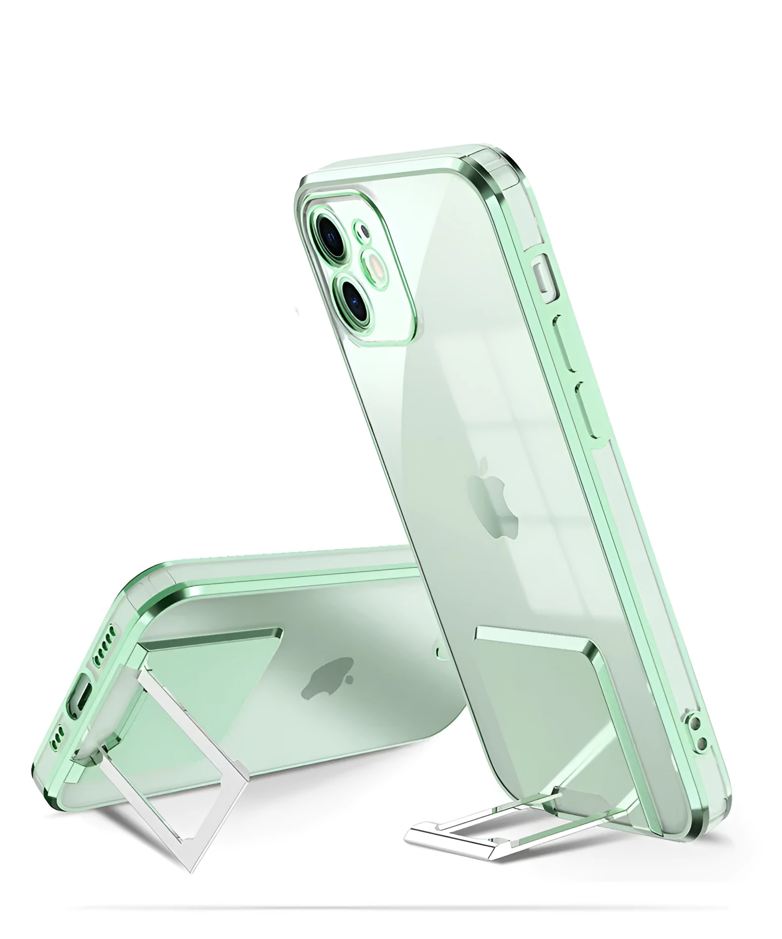 Transparent TPU phone case with gold electroplated bracket, displayed on a grey surface, for iPhone 12 Pro Max