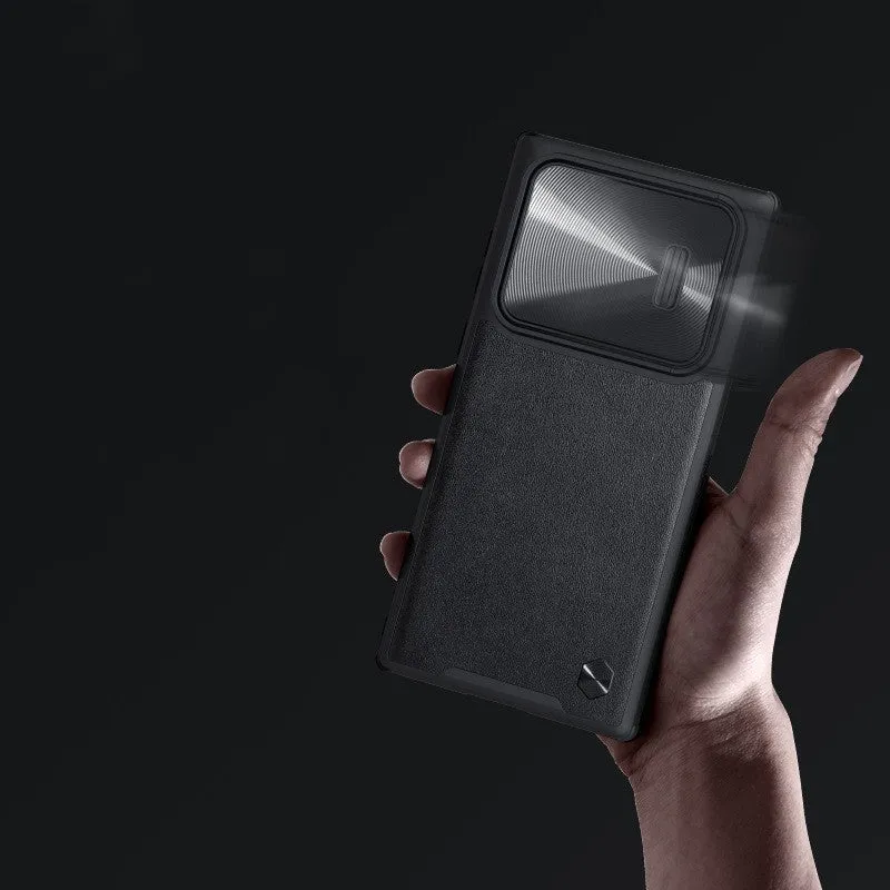 Samsung Galaxy S22 Ultra black protective case with sliding lens cover in TPU and PC material
