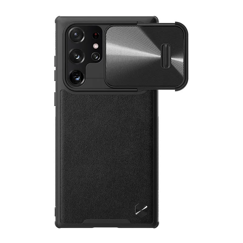 Samsung Galaxy S22 Ultra black protective case with sliding lens cover in TPU and PC material