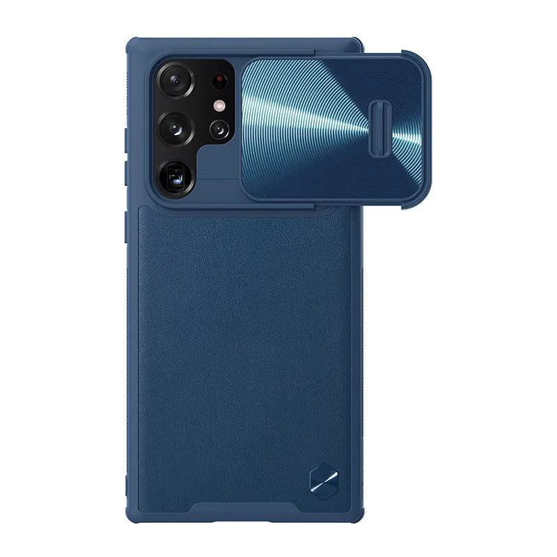 Samsung Galaxy S22 Ultra black protective case with sliding lens cover in TPU and PC material