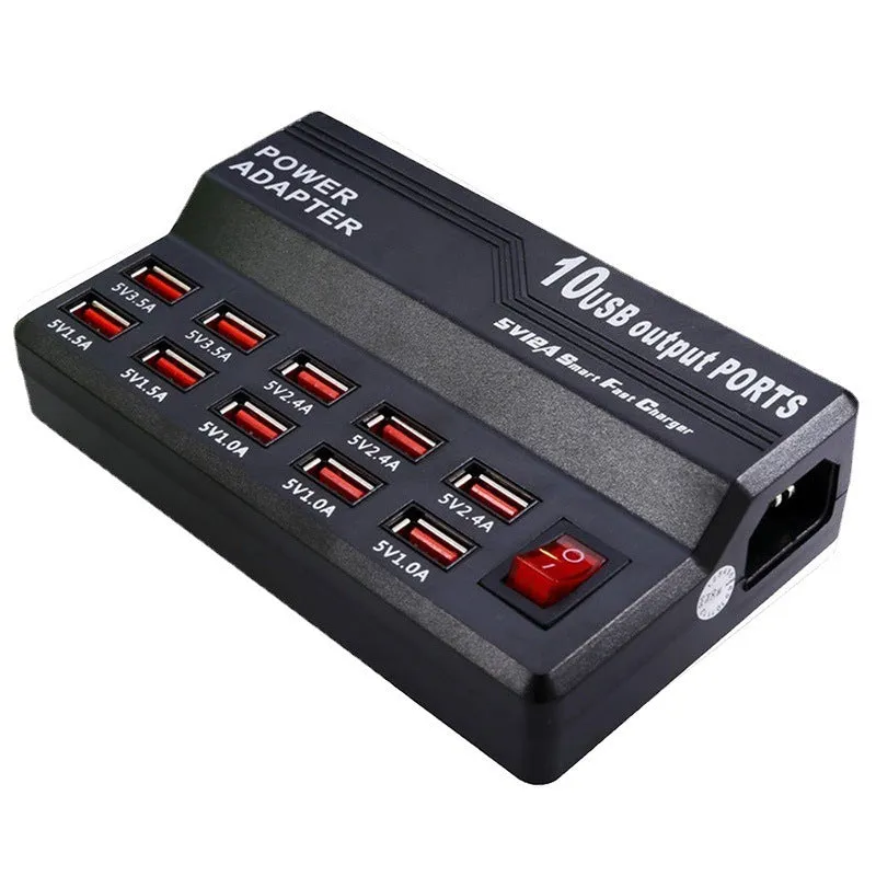 Black 10-port USB charging power strip with smart charging and aluminium heat dissipation, shown with multiple cables connected