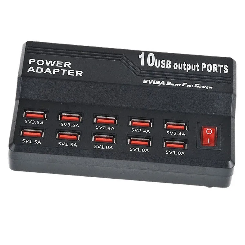 Black 10-port USB charging power strip with smart charging and aluminium heat dissipation, shown with multiple cables connected