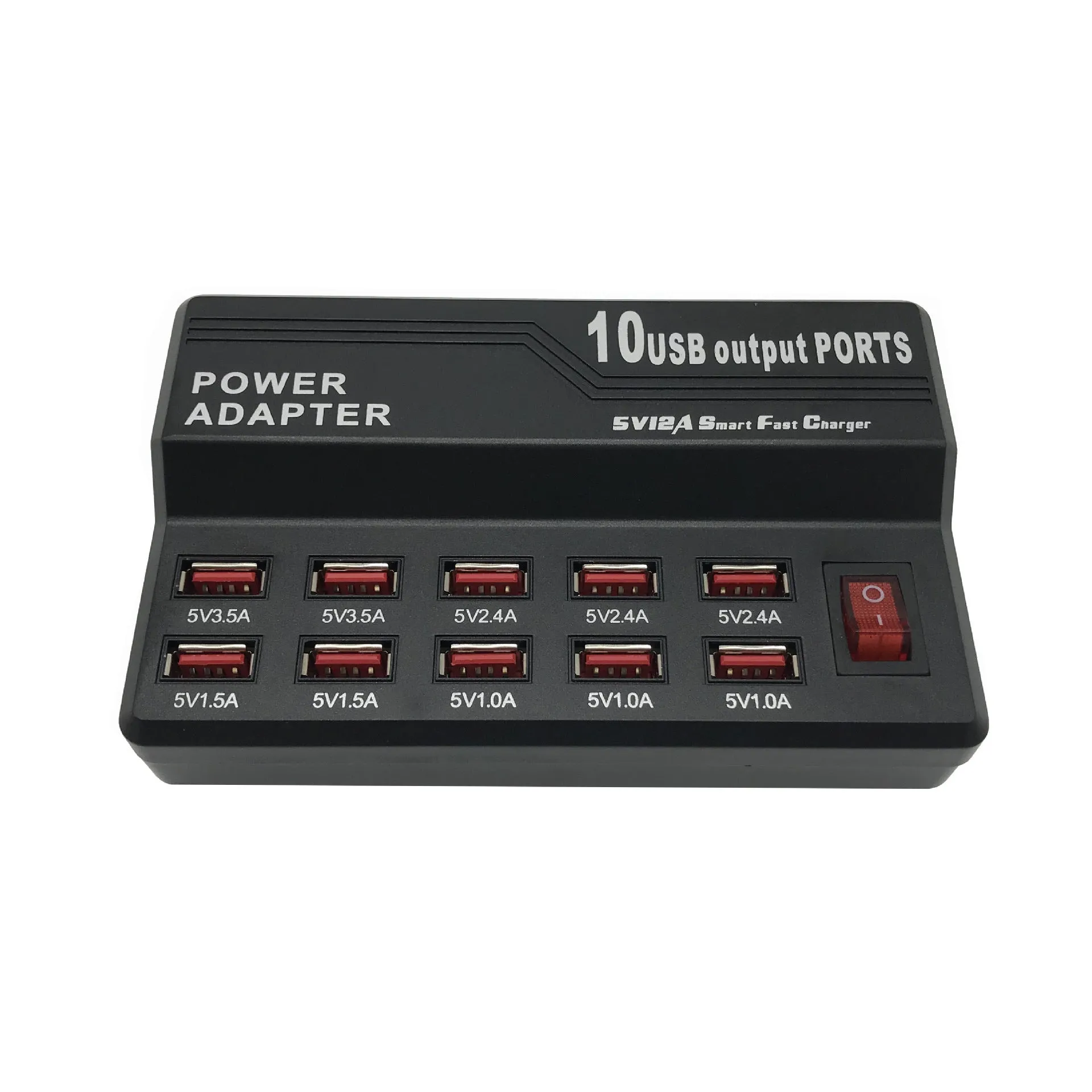 Black 10-port USB charging power strip with smart charging and aluminium heat dissipation, shown with multiple cables connected