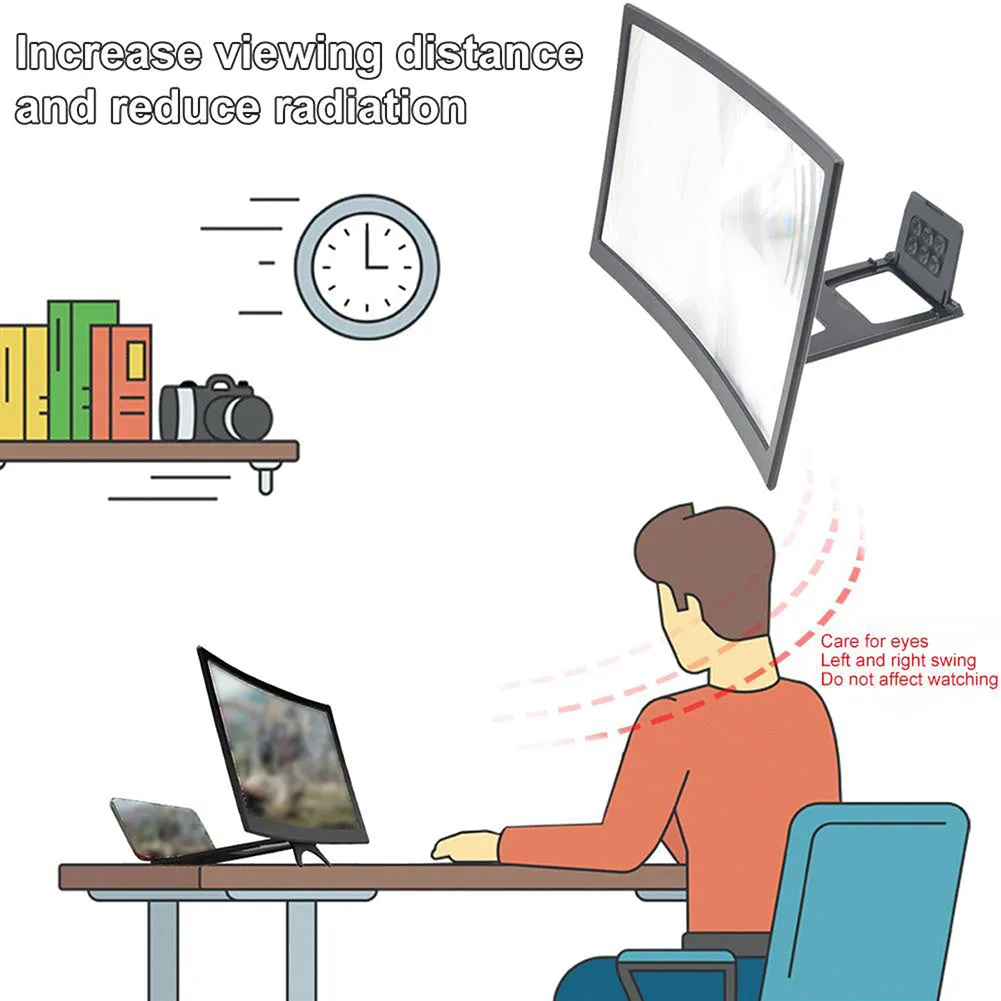 12 inch mobile screen magnifier bracket in black ABS with HD acrylic lens and anti-slip slot for phone