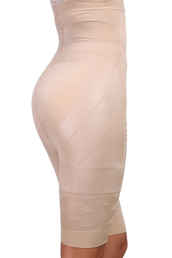 Black high-waisted seamless shapewear shorts for women on a hanger.
