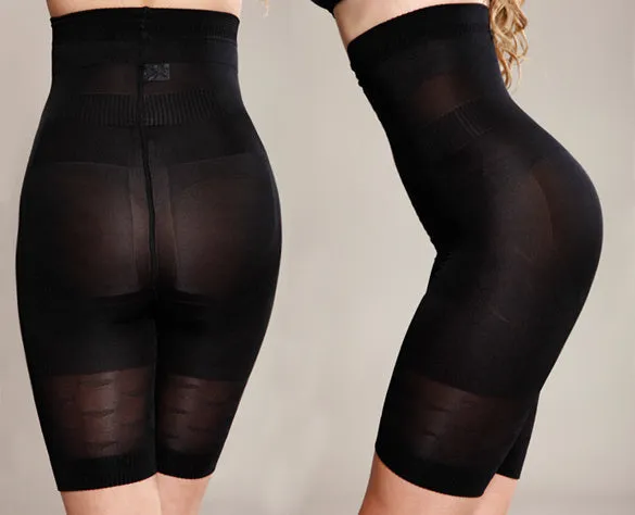 Black high-waisted seamless shapewear shorts for women on a hanger.
