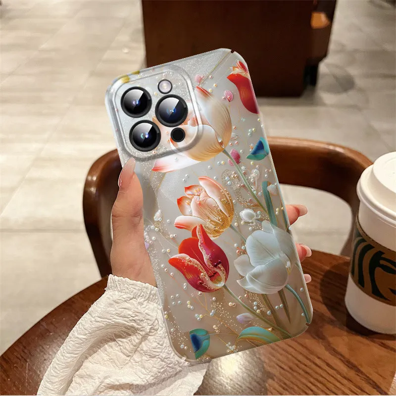 Pearl Flower glass phone case with thin hole film shell for iPhone in shockproof anti-fall design