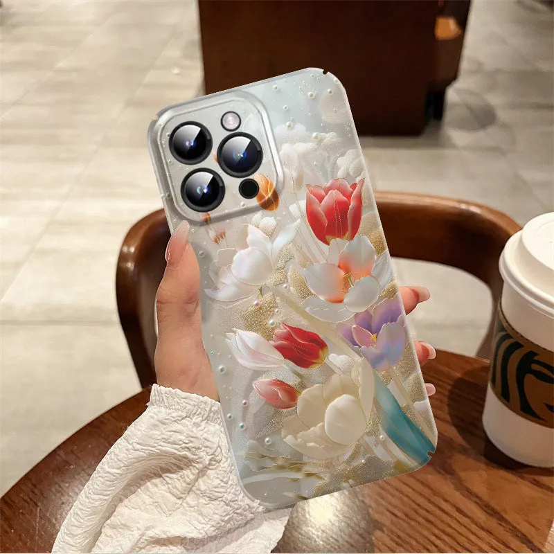 Pearl Flower glass phone case with thin hole film shell for iPhone in shockproof anti-fall design