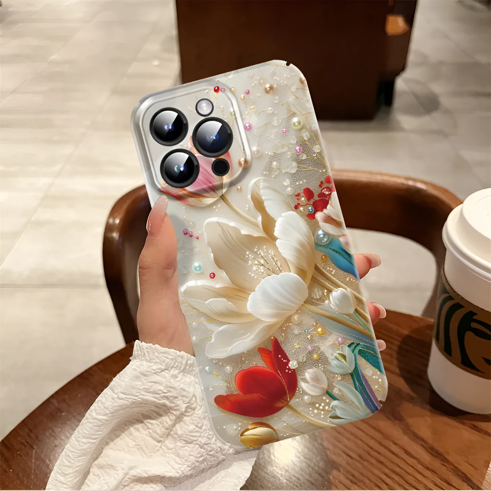Pearl Flower glass phone case with thin hole film shell for iPhone in shockproof anti-fall design