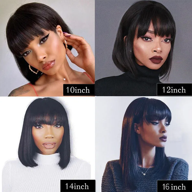 Unice machine-made human hair wig in black colour with 10-inch length