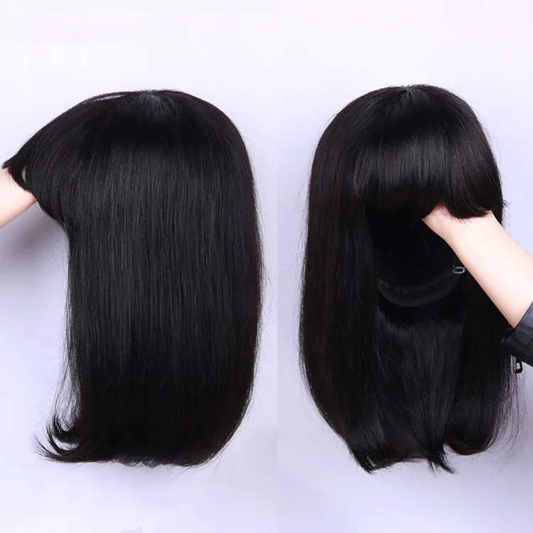 Unice machine-made human hair wig in black colour with 10-inch length