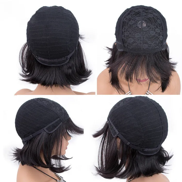Unice machine-made human hair wig in black colour with 10-inch length