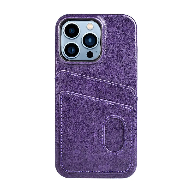 PU leather flip phone case in brown showing front cover with card slot, fits iPhone 13 series models