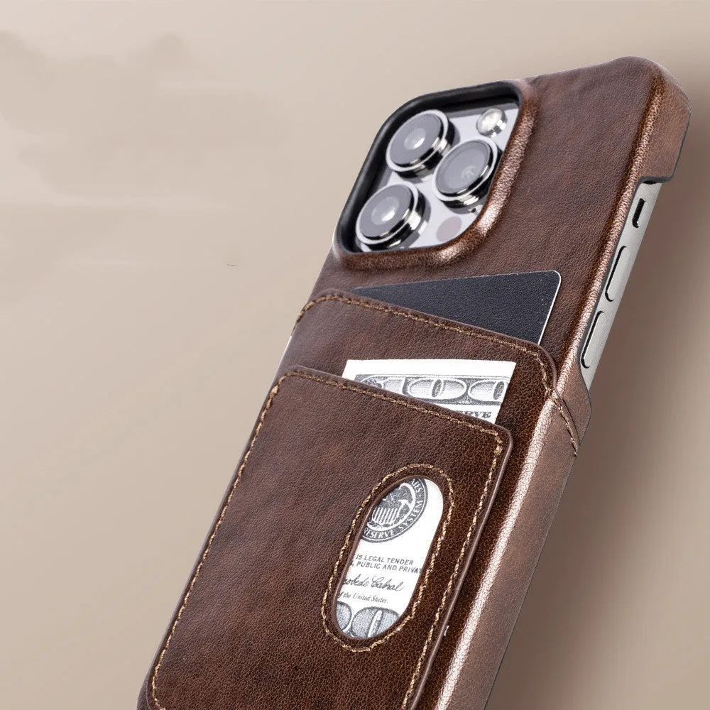 PU leather flip phone case in brown showing front cover with card slot, fits iPhone 13 series models
