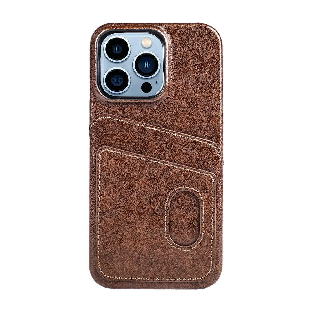 PU leather flip phone case in brown showing front cover with card slot, fits iPhone 13 series models