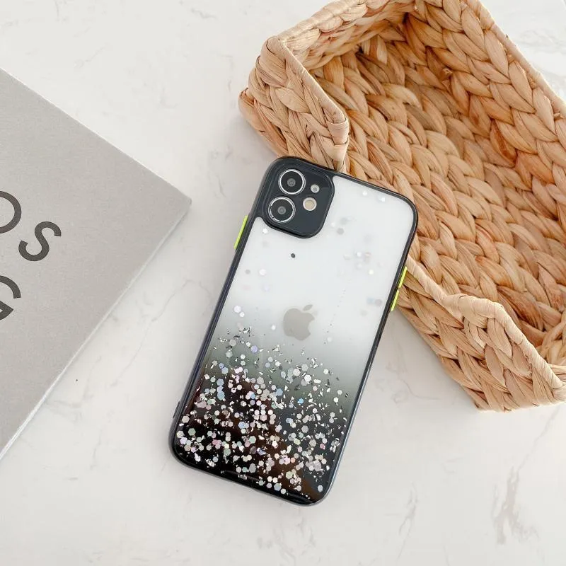 Silicone back cover for iPhone with frosted marble IMD finish and epoxy glitter gradient in multiple colours