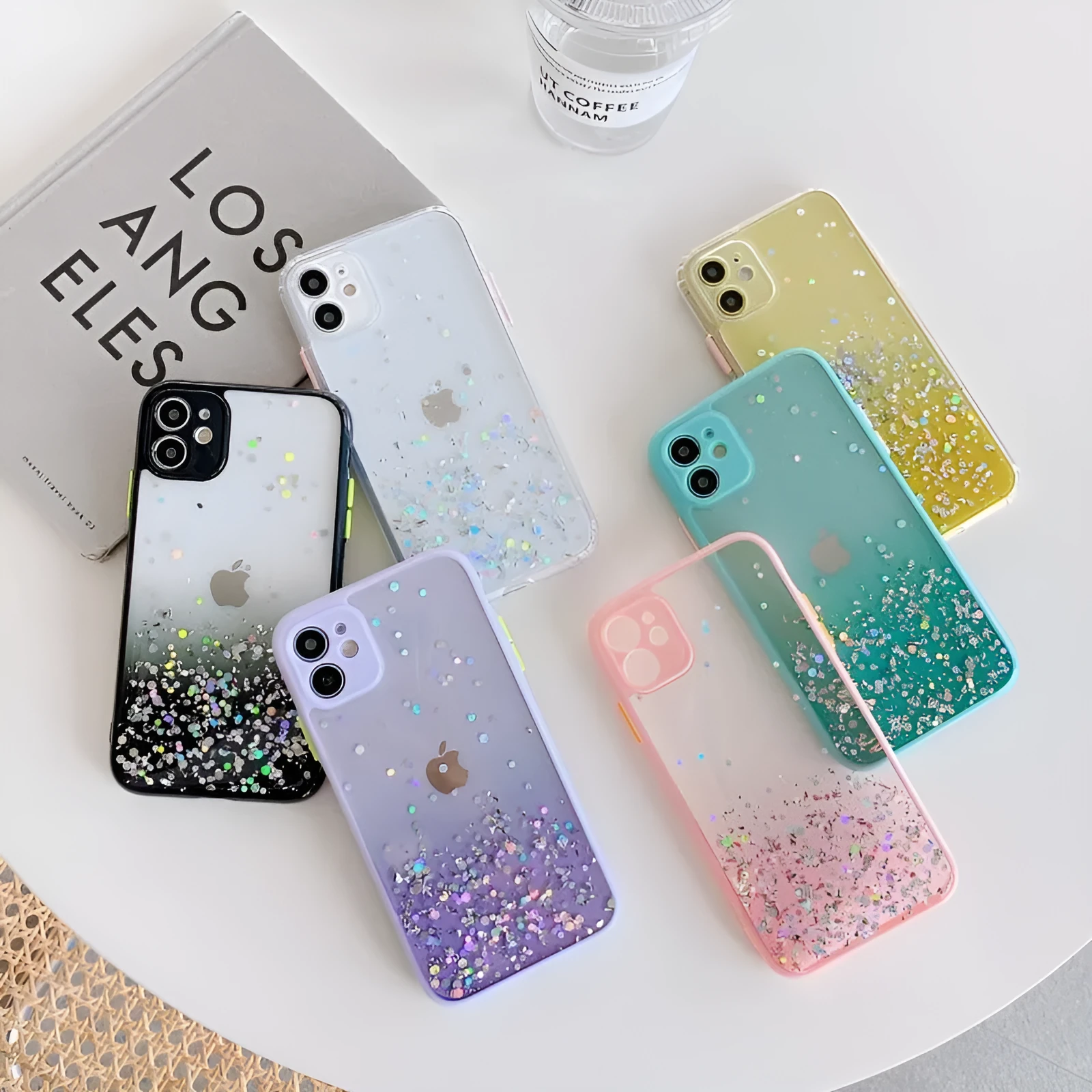 Silicone back cover for iPhone with frosted marble IMD finish and epoxy glitter gradient in multiple colours