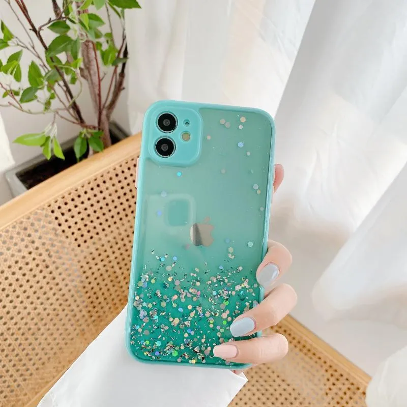 Silicone back cover for iPhone with frosted marble IMD finish and epoxy glitter gradient in multiple colours