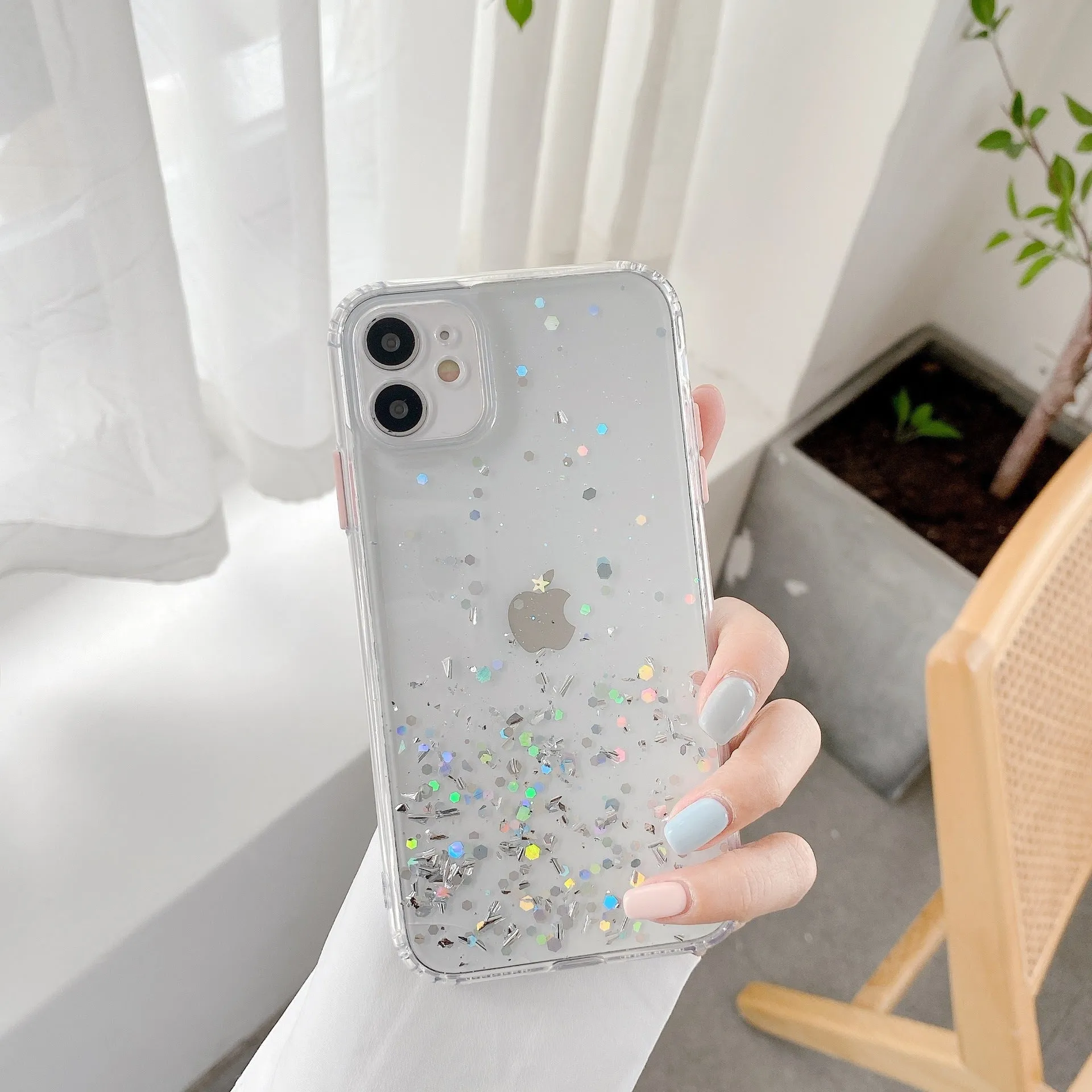 Silicone back cover for iPhone with frosted marble IMD finish and epoxy glitter gradient in multiple colours