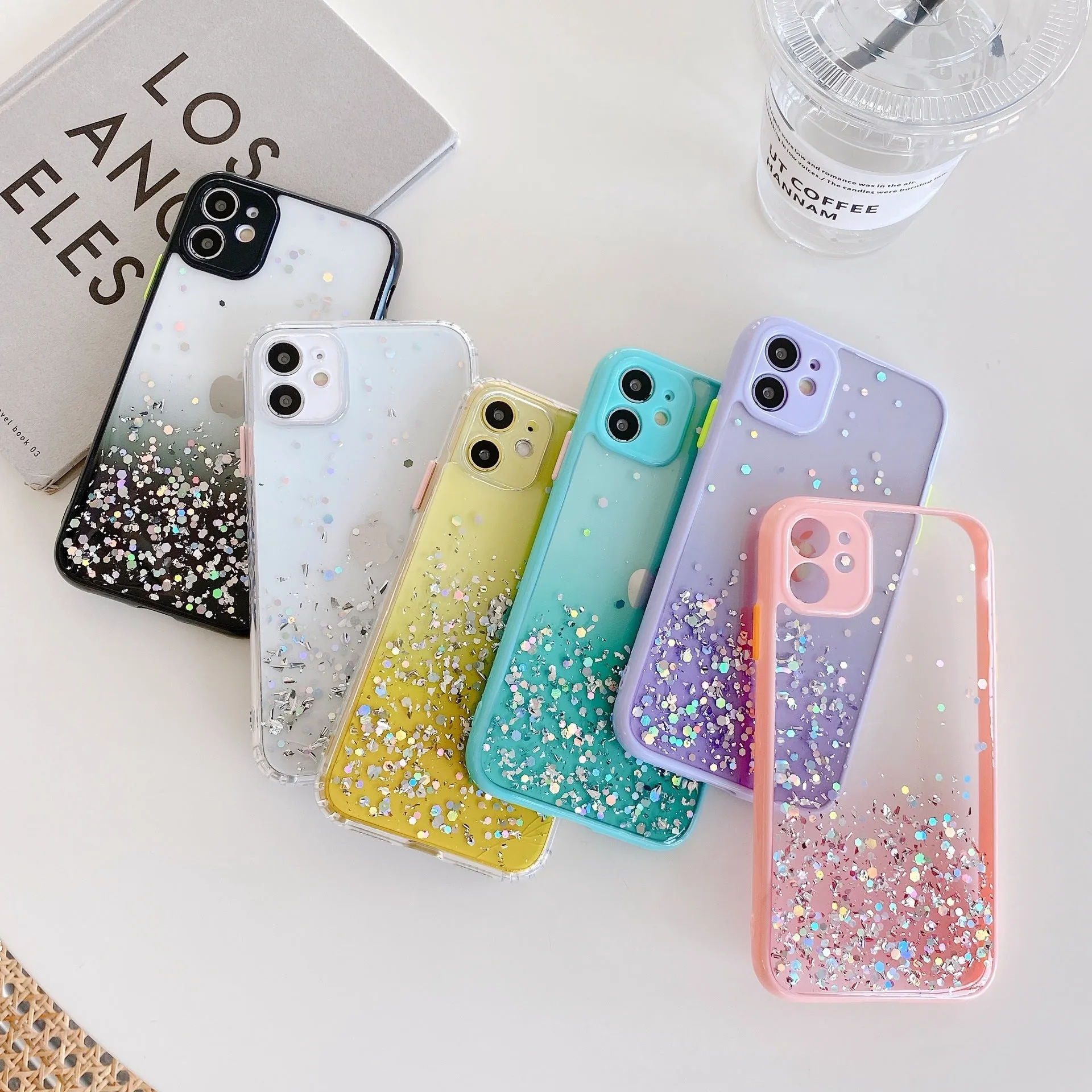 Silicone back cover for iPhone with frosted marble IMD finish and epoxy glitter gradient in multiple colours